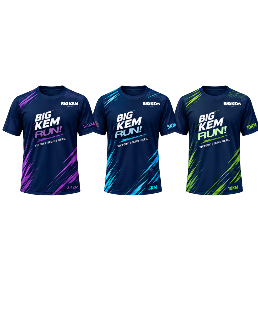 Big Kem Run tee shirts in purple (3.4KM), blue (5KM) and green (10KM) designs